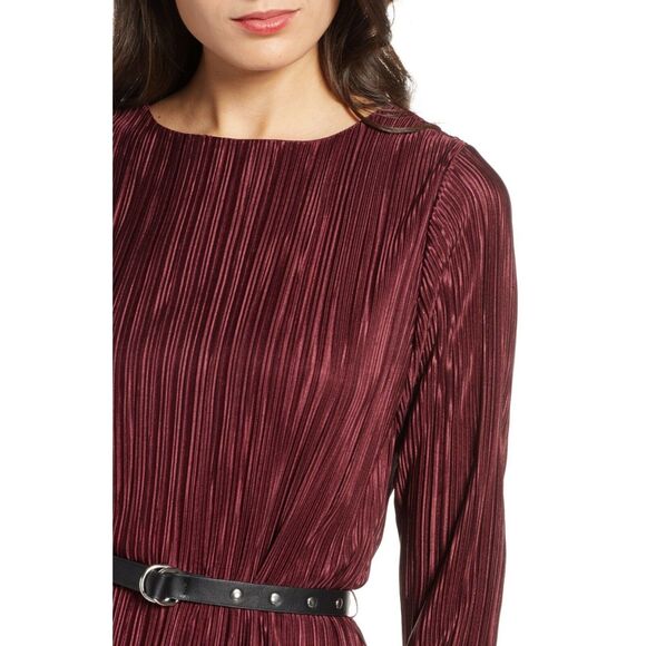 NWT Sam Edelman Long Sleeve Plisse Crinkle High Neck Burgundy Shift Dress Size 2 - Picture 4 of 12